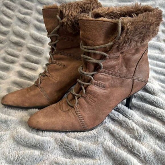 Colin Stuart Brown Genuine Leather Heel stiletto Boots Faux Fur Pointed Toe 7M - Picture 1 of 13